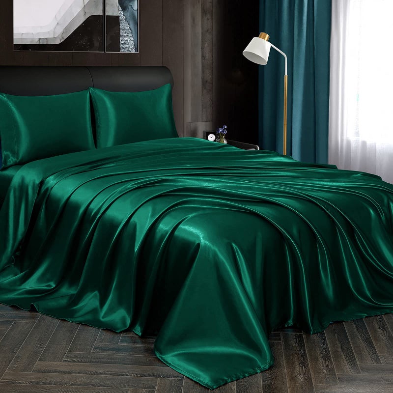 Homiest 4pcs Satin Sheets Set Luxury Silky Satin Bedding Set with Deep Pocket, 1 Fitted Sheet + 1 Flat Sheet + 2 Pillowcases (Cal King Size, Blackish Green) - Image 3